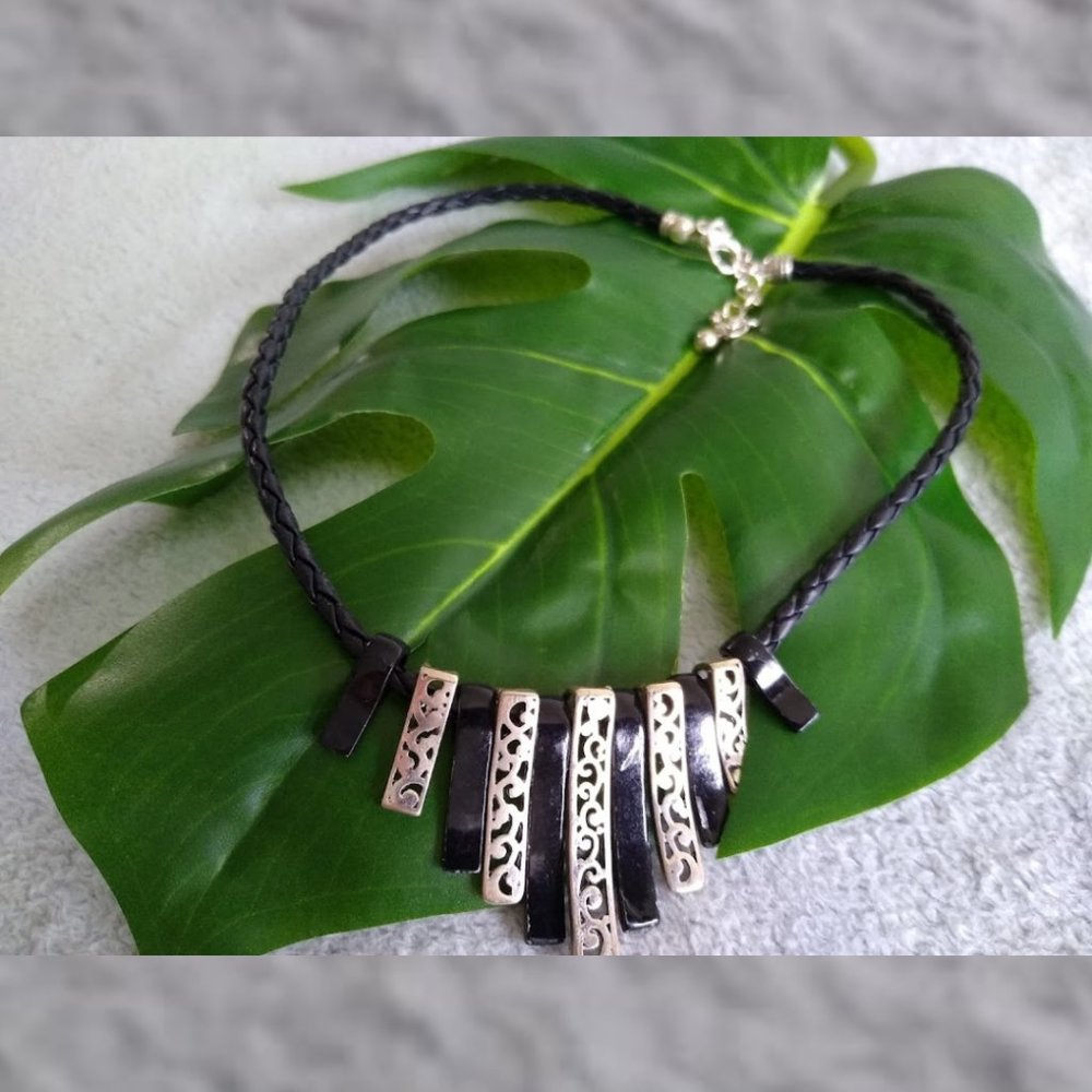 Ethnic Carved Metal Choker Necklace Morocco Artist Creation Treated Leather